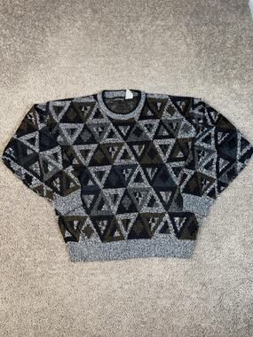 Vintage Expressions Sweater Mens XL Gray Crew Neck Geometric Knit Heavyweight